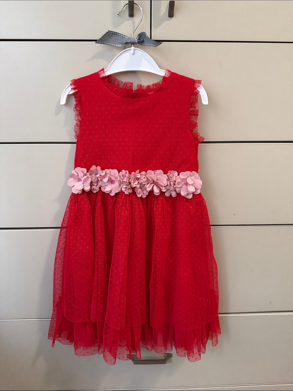 Mini Boden Red Dress with Pink Floral Detail at Waist Size 3-4Y